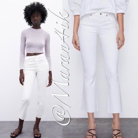 ZARA WHITE MID-RISE FLARED CROPPED JEANS size 24/2 - Picture 5 of 12